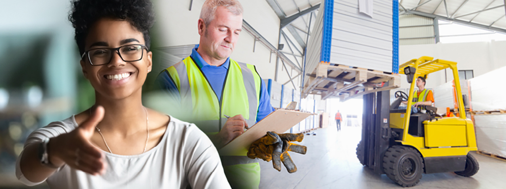 Staff working in warehouse and welcoming job seeker to interview